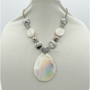 Mother of Pearl Teardrop Pendant Glass Beaded Necklace